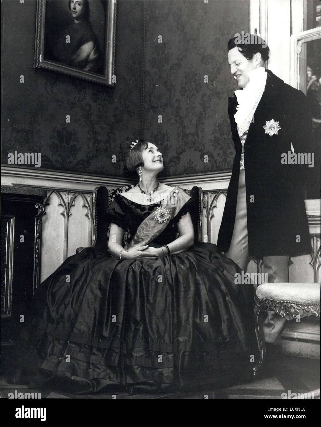 Apr. 17, 1967 - 17.4.67 Lord and Lady Longford at fancy dress party. The centre of attention at the party this weekend were, of course, Queen Victoria and Prince Albert. That they turned out to be heavily-disguised Lord and Lady Longford disappointed no one. The fancy dress business was for the 21st birthday party of their daughter, Catherine, held at Strawberry Hill, the mock Gothic mansion at Twickenham in Middlesex Stock Photo