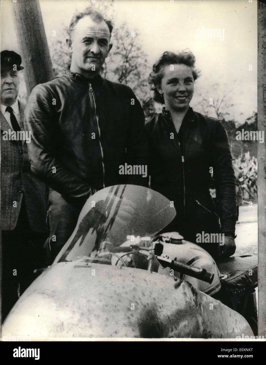 Jun. 17, 1967 - The International Motor Cycle and car races- the biggest in Scandinavia- were jheld in Helsinki recently. The 500cc event-with sidecar- was won by French couple Jaques Drion with Ingeborg Stoll-the only woman competitor on a Norton. Keystone photo shows Jaques Drion and Ingeborg Stoll after their victory Stock Photo