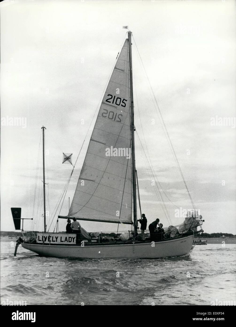 Jul. 07, 1967 - Yachtsman Off On World Trip. Mr. Alec Rose, 59, the Trans-Atlantic yachtsman, sailed out of the Solent in the 36ft cutter ''Lively Lady, in an attempt to sail single-handed round the world. Mr. Rose is a Portsmouth greengrocer. Last August, after setting out on what was meant to be a race with Gipsy Moth IV, his yacht was run down and badly damaged by a ship in the Western Approaches. He plans to reach Australia in November, spend Christmas with his son in Melbourne and be back in Britain in May. Photo Shows:- The 36ft. cutter Lively Lady at Portsmouth before Mr Stock Photo