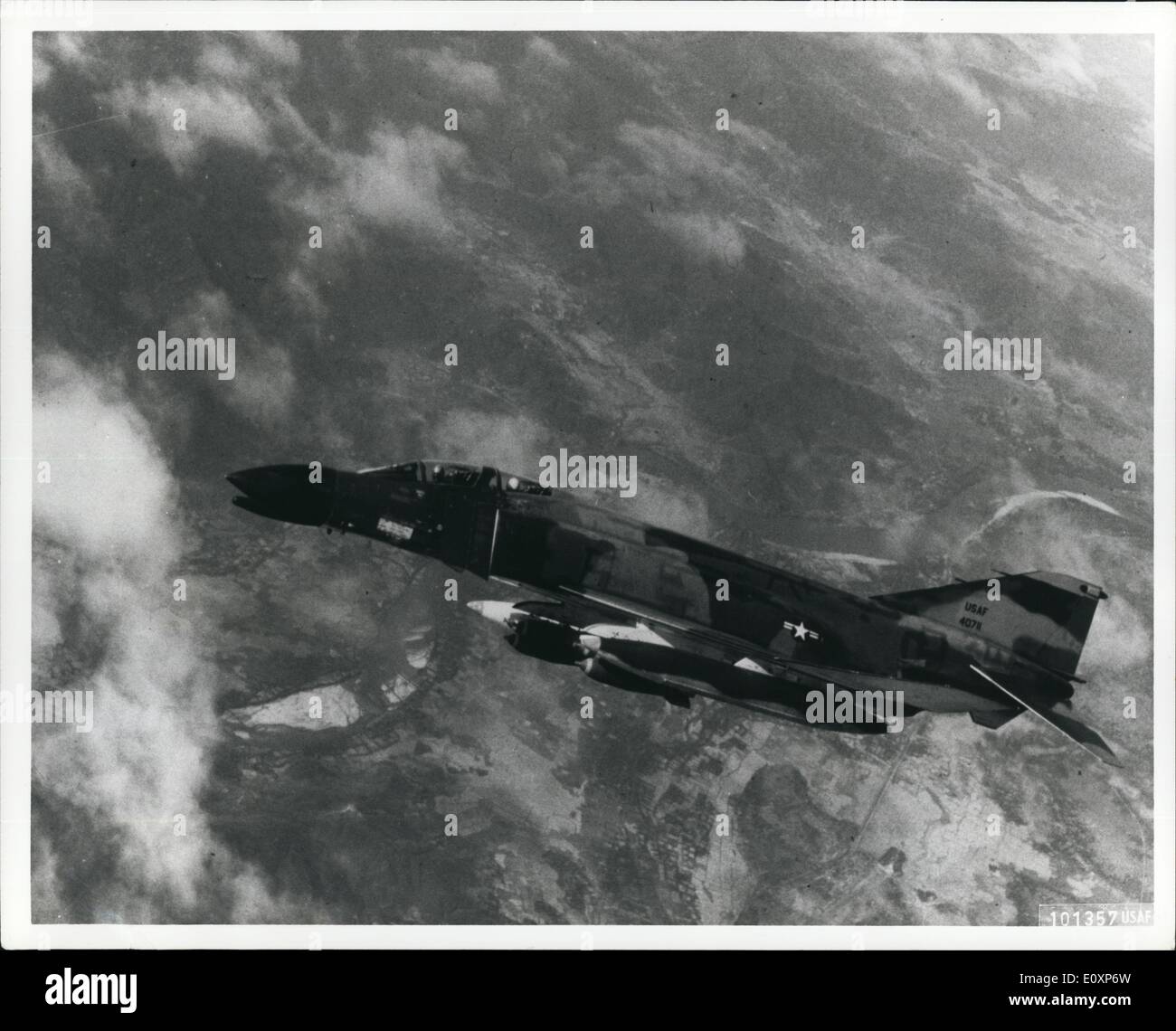 Jul. 07, 1967 - USAF - A U. S. Air force Phantom jet files over Vietnam. It is used to fly defensive cover for air strikes over Stock Photo