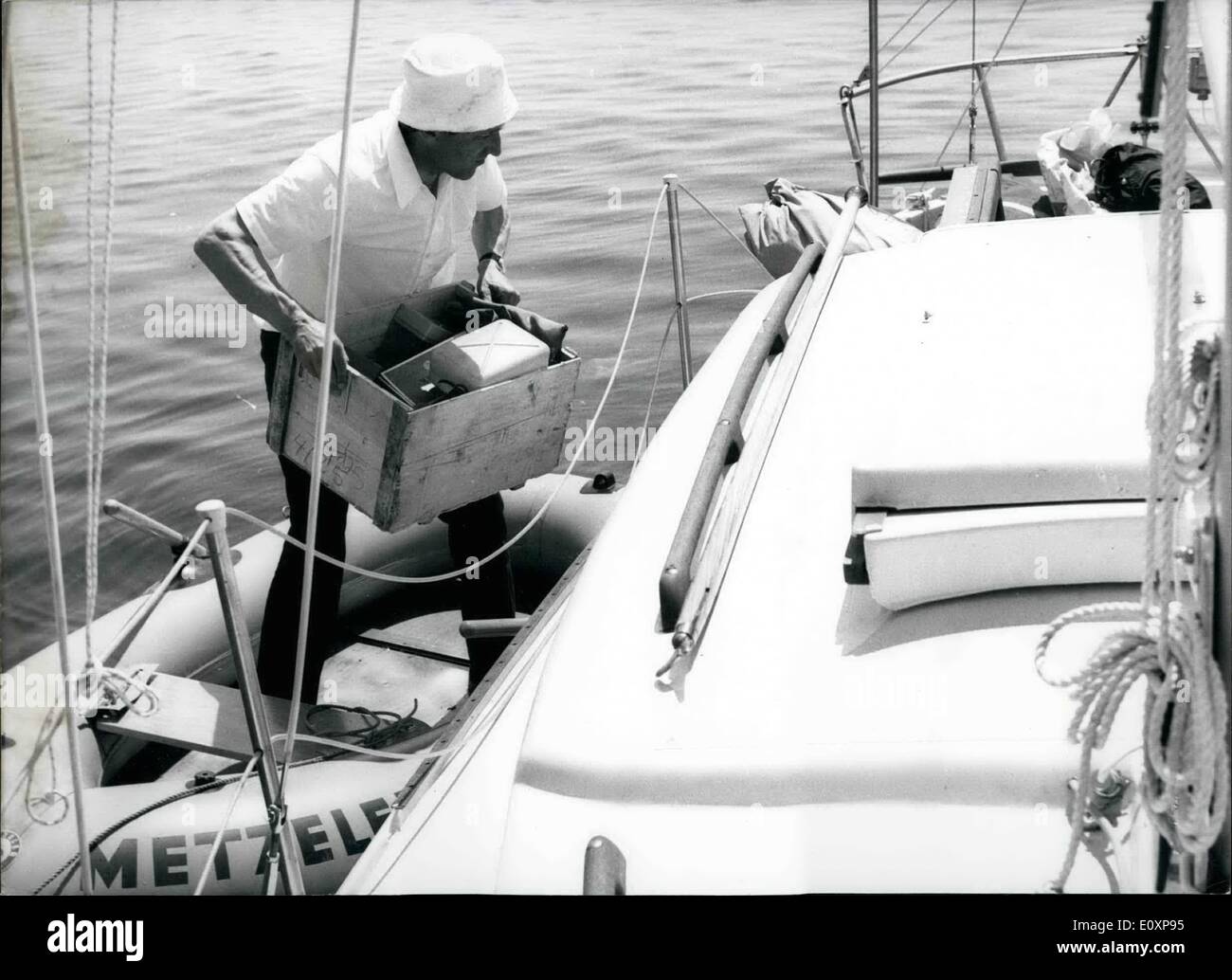 Jul. 07, 1967 - For a Trip around the World: Will Rollo Gebhard start in about 4 weeks. In St. Margherita in teh Mediterranina Sea ( near Genua)the 45 years old actor and dealer in records from Garmisch, who had already caused a sensation three years ago when he crossed the Atlantic in his ''nut-shell'' in a record time of thirty days, will put out to sea. With his ''Solveig III'', a 7.25 m long and 2,30 m broad glass-fibre boat of the type Condor - it has an area sails of 25 cm and was built in a wharf as the Chiemsee - Gebhard will sail towards West. His route: St Stock Photo