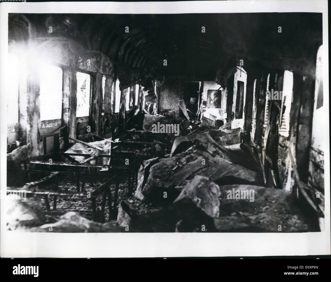 Jul. 07, 1967 - Napalm Bombs On Passenger Train. Suez, UAR: The caption to this picture, just received in London, says: Debris of the Cairo-Suez passenger train attacked with napalm bombs by Israelis during the recent aggression. Stock Photo