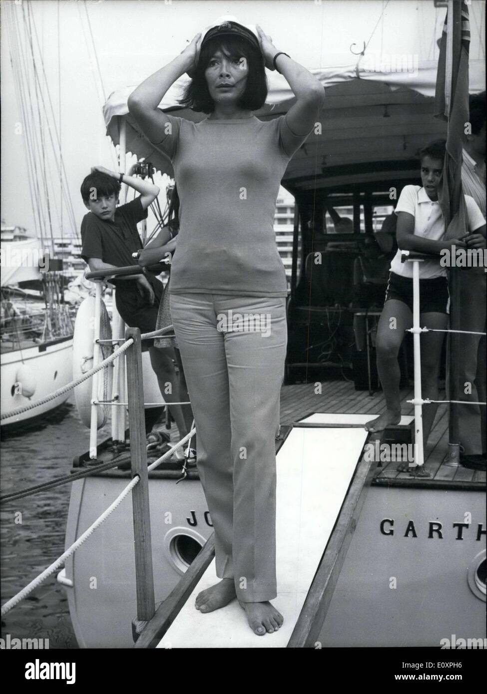 Jul. 28, 1967 - Letting her husband Michel Piccoli be for a little while, Juliette Greco went to spend a short vacation in Cannes to relax and breathe some fresh air. Picture: Hat on her head, Mrs. Juliette Piccoli, plays captain. Stock Photo