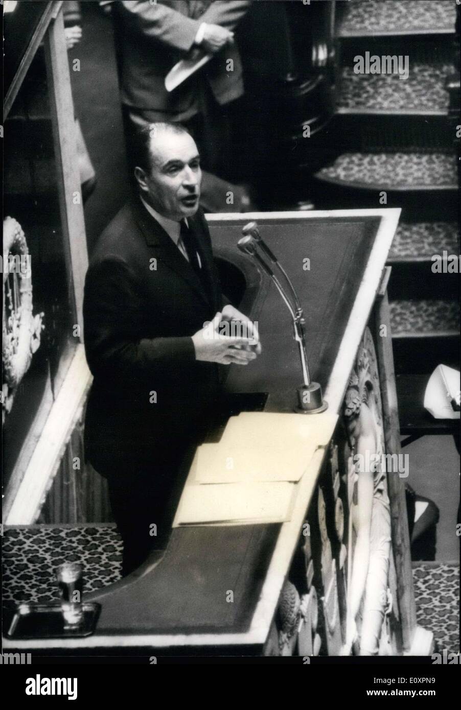 Oct. 10, 1967 - Opposition leader V. Government at French Assembly: The first parliamentary debate over the new economic and social measures announced by the French government took place at the National Assembly today. Photo shows Francois Mitterand, leaders of the leftist opposition pictured in the assembly Rostrum today. Stock Photo