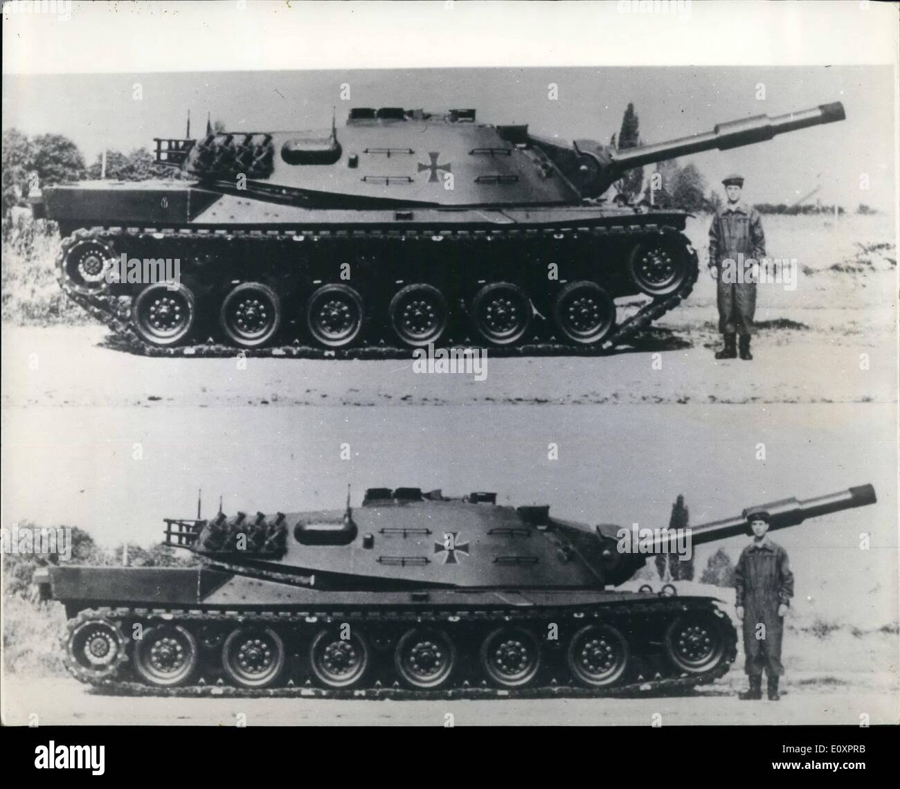 Oct. 10, 1967 - New U.S. German Battle Tank; This is the new 50 ton MBT 70 battle tank, a joint United States West Germany development, seen during a demonstration in Augsberg. The giant tank has variable suspension the chassis can be adjusted through a height of about 18 ins. from its high speed position (top picture) to its attitude in battle and ever rough terrain. Each tank is estimated to cost between 198,000 and  216,000, if a series production of 1,500 becomes possible, but the Hundestag has yet to decide on its introduction for the German armed forces Stock Photo