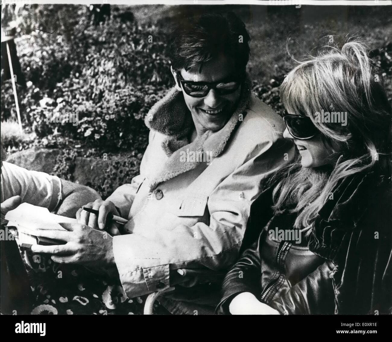 Oct. 10, 1967 - Marianne faithfull making her first film: Marianne Faithfull and co-star Alain Delon, pictured in scene from Marianne's first film The Motorcycle, currently being made in Heidelberg. The film is directed by Jack Cardiff. Stock Photo