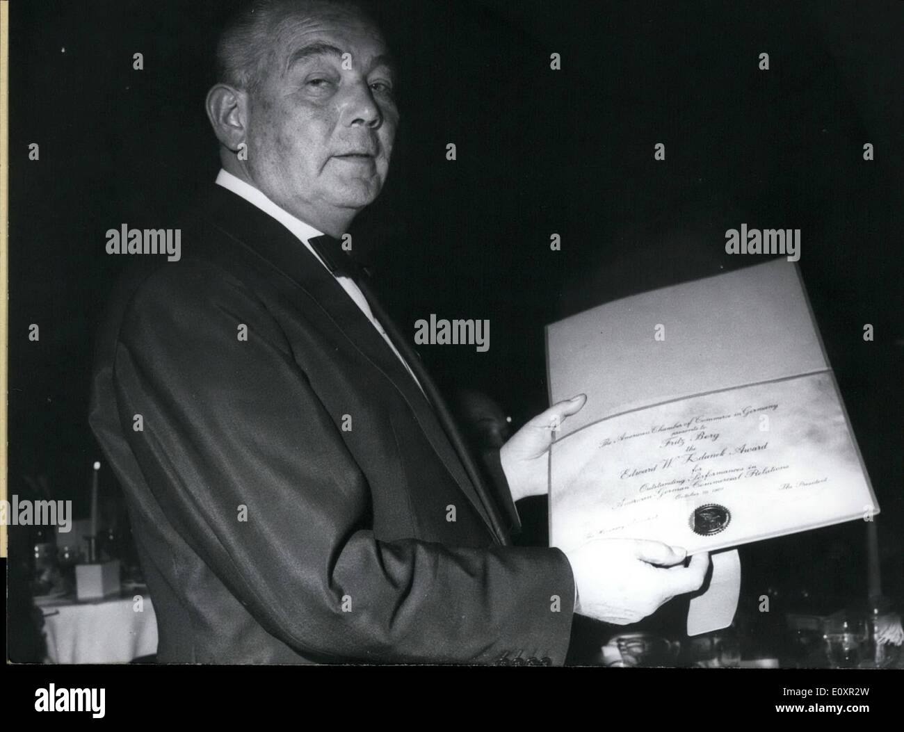 Oct. 10, 1967 - American Recognition for Fritz Berg. Pictured is Fritz Berg, the president of the Federal Association of German Stock Photo