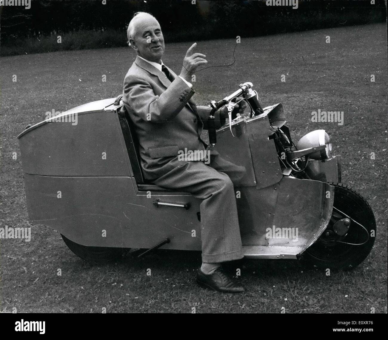 Aug. 08, 1967 - 80-year old Sir Alliot Roe Designs a ''Car on two wheels''. : 80-year old Sir Alliott Verdon-Roe, co-founder with his brother of the famous A.V. roe aircraft firm, and the first to fly in Britain 49 years ago - has invented a shaft-driven 'armchair'' motor scooter, which will be Britain's answer to the invasion of foreign machines. Sir Alliott says it's the nearest thing to a car on two wheels. The 60 m.p.h. Avle Biar has its driving seat situated between the wheels and not over the back wheel as on standard scooters - and is about a foot lower Stock Photo
