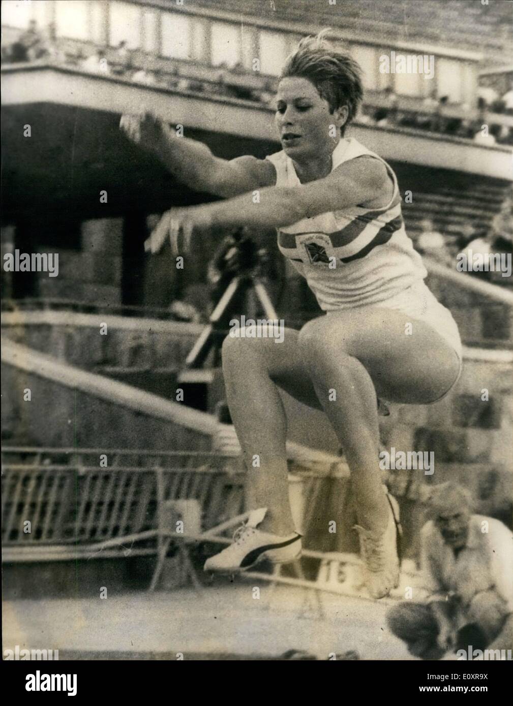 Aug. 08, 1967 - Britian v. Hungary International Athletic match in Budapest. Photo shows Mary Rand (G.B.), winning the Long Jump event with 20ft. 11 ins. during the Britain - Hungary International athletics match in Budapest. Stock Photo