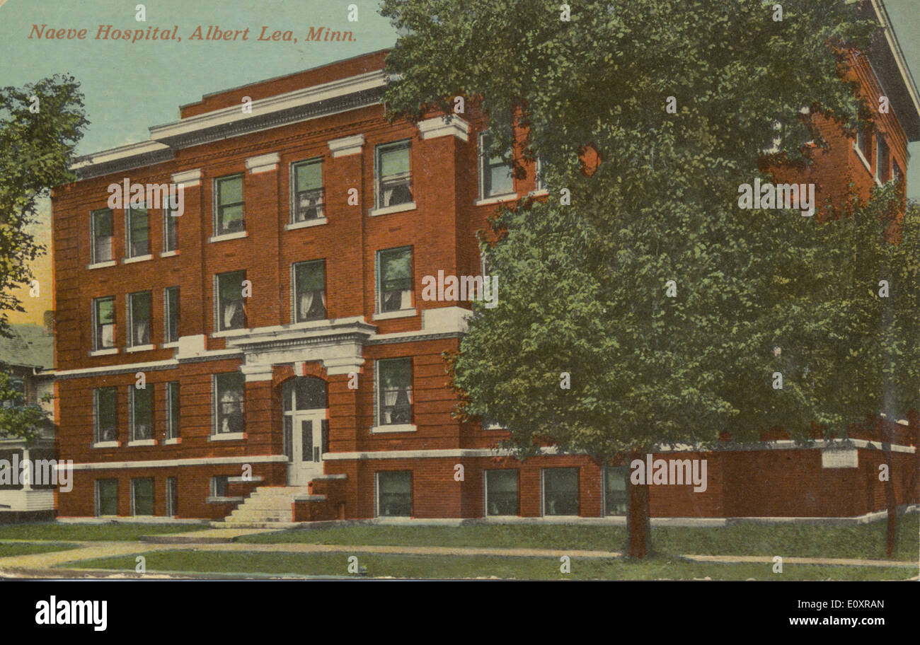 This vintage postcard features Naeve Hospital, a historic building in Albert Lea, Minnesota. The image is part of the Bowden Postcard Collection, capturing the architectural design and significance of the hospital as a key site in the town's history. Stock Photo