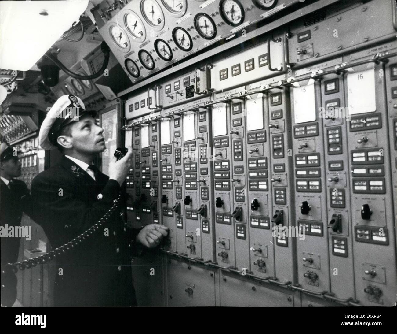 Oct. 10, 1967 - Britain's &pound;52 million first Polaris submarine ''Resolution'' joins the Royal Navy: H.M.S. Resolution, Britain's first Polaris submarine, went into service with the Royal Navy today. Built at a cost of &pound;52 million, it carries 16 Polaris missiles, and has six 21-inch torpedo tubes. It has two captains and two crews, and is the first ship in the Navy to have double manning. Each crew will spend two months at sea on patrol, mostly underwater Stock Photo