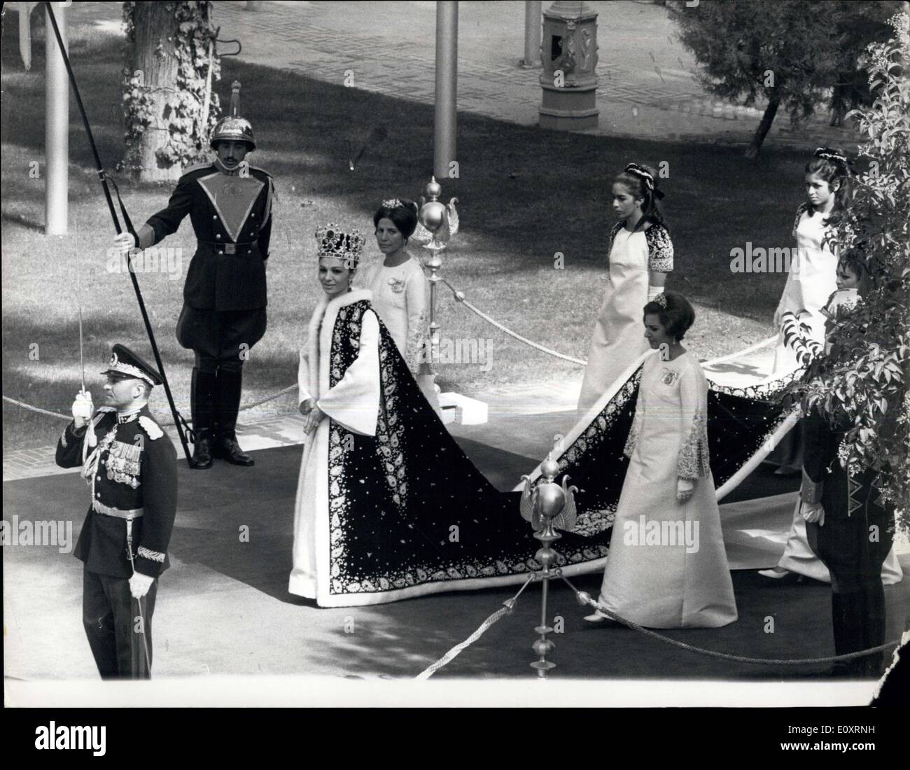Oct. 27, 1967 - The Shah of Iran crowned in Bejewelled splendour at his coronation ceremony in Teheran.: Yesterday Iran had a dignified, rich and popular coronation - with the Shah placing the crown on his own head at the ceremony at Golestan Palace in Teheran. He also crowned Queen Farah making her the first woman to wear a crown in the country's 2,500-year history. The ceremony was watched by the young Crown Prince Reza, who sat at his father's side Stock Photo