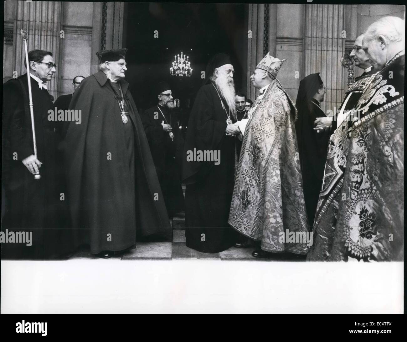 Nov. 11, 1967 - Patriarch Athenagoras at St. Paul's: His all Holiness Athenagoras I, Archbishop of Constantinople and Oecumenical Patriarch, yesterday visited St.Paul's Cathedral to be conducted to the High Altar where the Book of Gospels was opened for him to kiss. The Patriarch is the guest of the Archbishop of Canterbury and is staying at Lambeth Palace. Photo shows Patriarch Athenagoras I says goodbye to the Bishop of London, Dr. Robert StopFord, whilst the AR Bishop of Canterbury (Dr.Ramsey), on left, looks on. Stock Photo