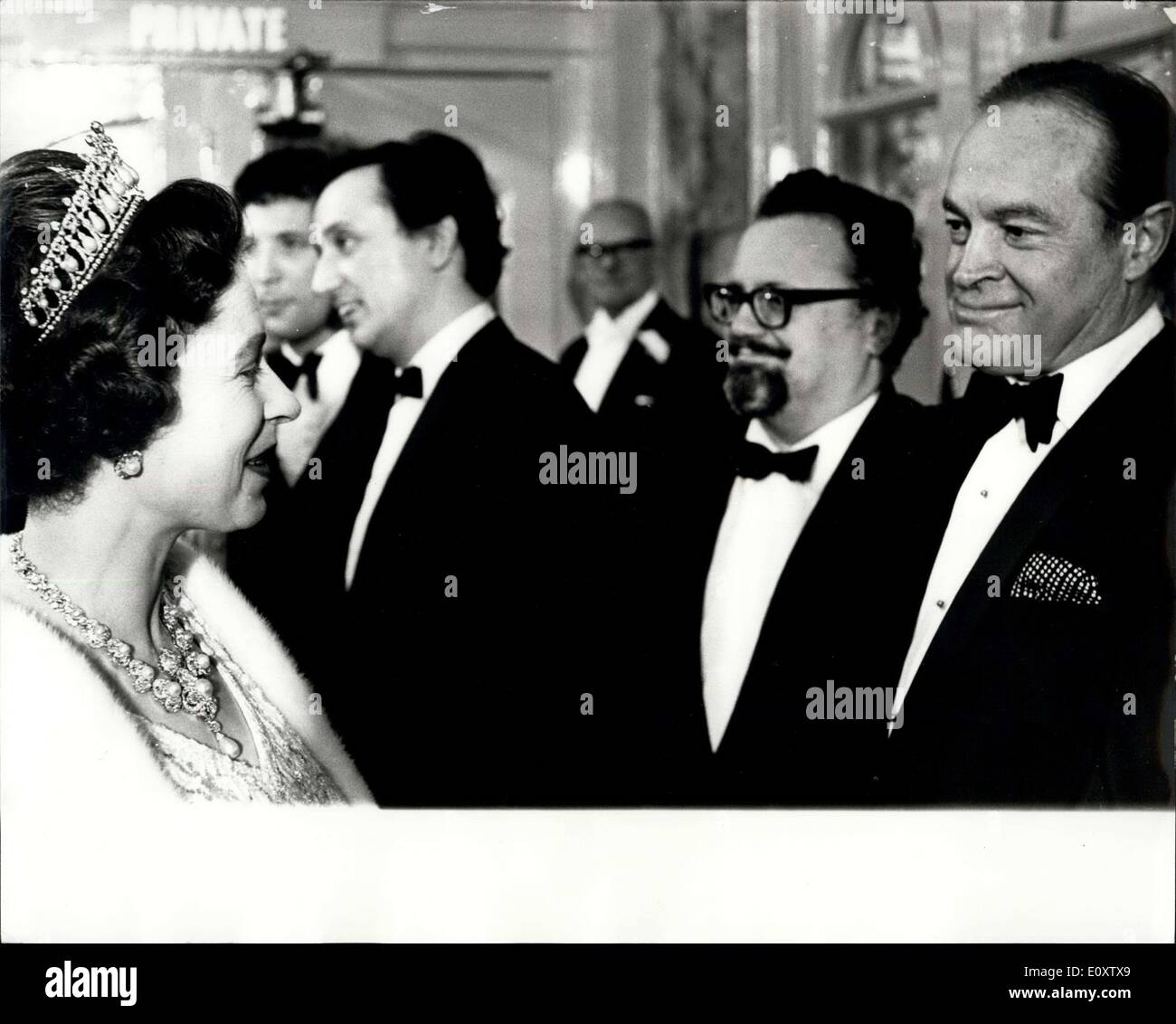 Nov. 14, 1967 - 14-11-67 Royal Command Performance. H.M. The Queen, accompanied by Prince Philip, last night attended the Royal Command Performance at the London Palladium. Photo Shows: H.M. The Queen pictured meeting comedian Bob Hope (right), Harry Secombe (centre) and Ken Dodd (left), after last night's show. Stock Photo