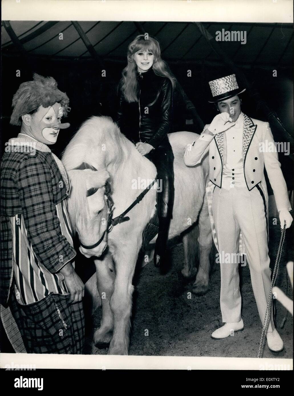 Nov. 17, 1967 - 17-11-67 Marianne Faithfull and Alain Delon at the circus for new film. Marianne Faithfull and Alain Delon, stars of the Anglo-French production Girl on a Motorcycle, spend a day at the circus for dream scenes in this lyrical love drama, directed by Jack Cardiff, and co-produced by William Sassoon and Sacha Kamenka, for distribution by British Lion. Wearing her black leather motor cycling suit designed especially for her by Lanvin, Marianne circles round the sawdust ring on a circus horse while Alain who plays her lover Daniel in the film crack a commanding whip as ringmaster Stock Photo