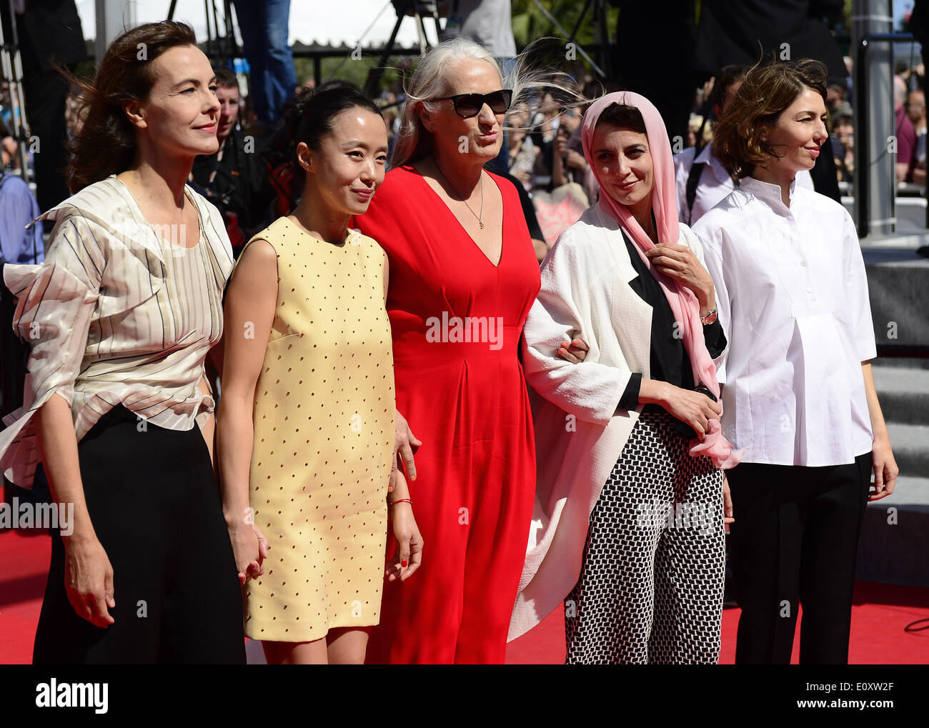 Cannes. 20th May, 2014. Jury members, Korean actress Jeon Do-yeon, U.S. director Sofia Coppola, New Zealand director Jane Campion, Iranian actress Leila Hatami and French actress Carole Bouquet (from L to R) arrive for the screening of 'Futatsume No Mado' (Still The Water) during the 67th annual Cannes Film Festival, in Cannes, France, 20 May 2014. The movie is presented in the Official Competition of the festival which runs from 14 to 25 May. Credit:  Ye Pingfan/Xinhua/Alamy Live News Stock Photo