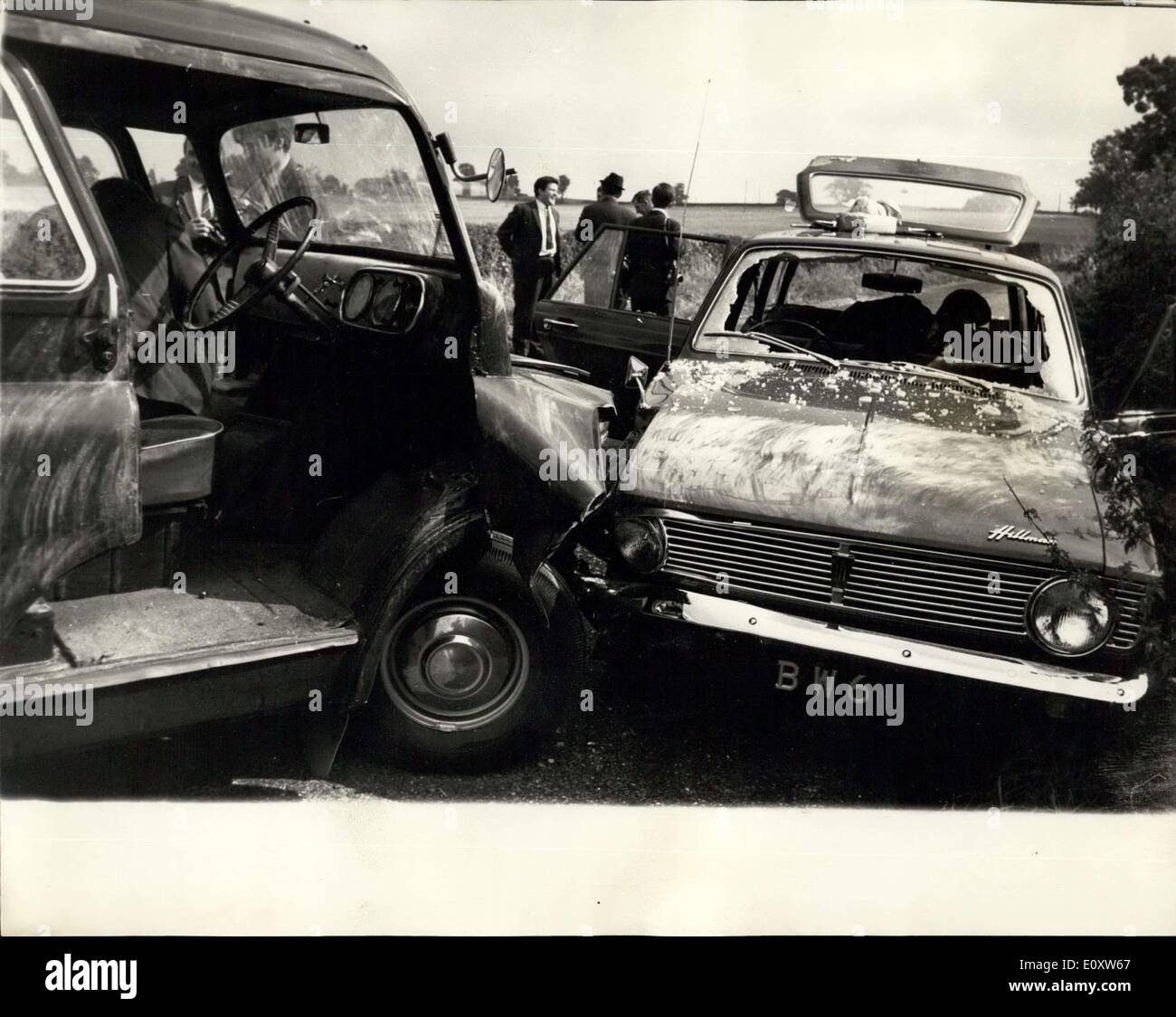 Sep. 21, 1967 - ?15,000 Worth Of Antique Jewellery Stolen By Raiders From A Van On Its Way To Woburn Abbey: Antique jewellery worth ?15,000 was stolen today by masked raiders who ambushed the van carrying it from London to Woburn Abbey, the home of the Duke and Duchess of Bedford. the jewellery was on its way from the Duke's family jewelers in the West End to an antique fair, staged by the Duchess, at Woburn Abbey. Photo shows At the scene of the robbery showing the bandits Van which rammed the Estate car carrying the antique jewellery to Woburn Abbey. Stock Photo