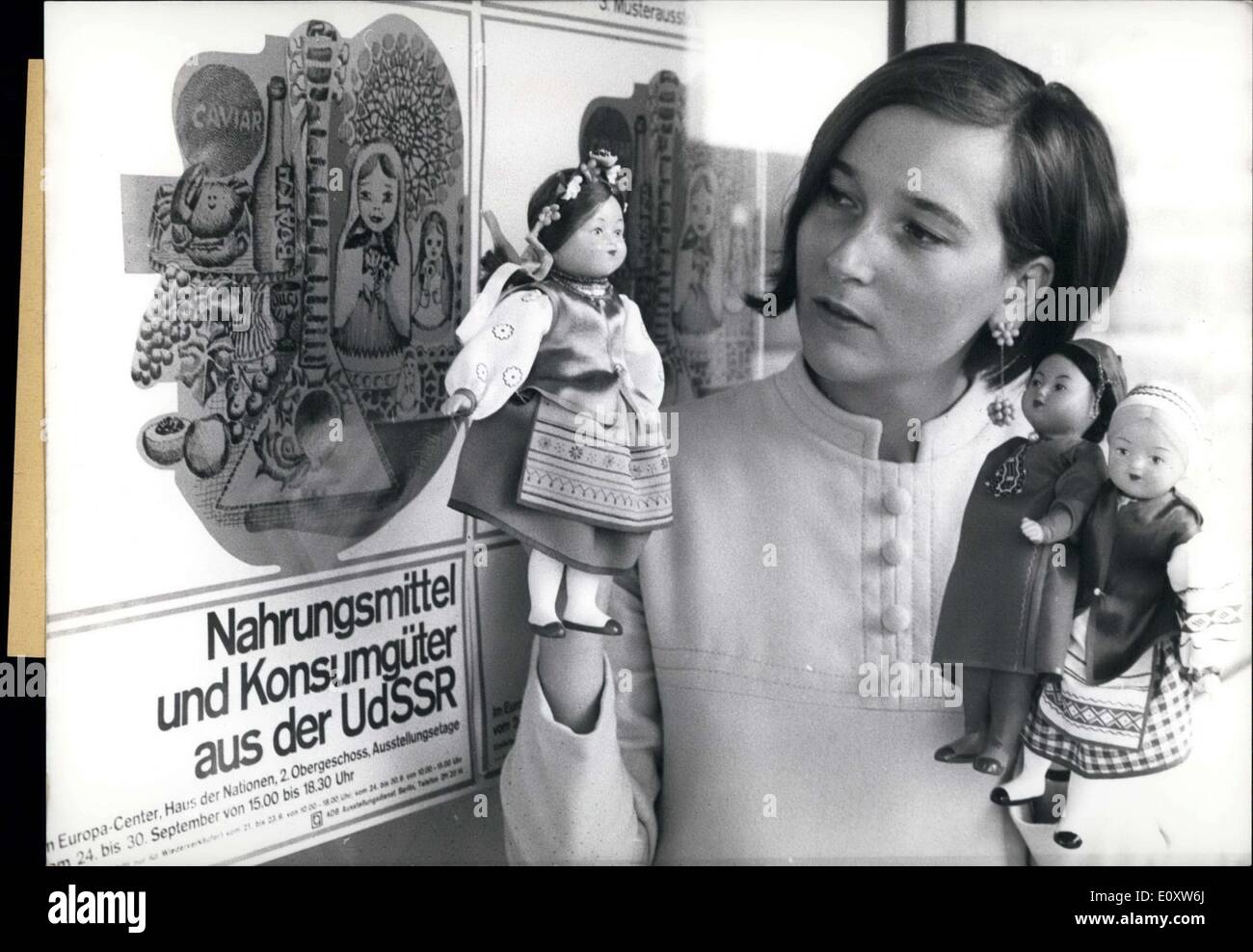Sep. 23, 1967 - Food and consumer goods from the Soviet Union can currently be seen in the Berlin Europe-Center. The visitors aren't showing interest just in the world-famous caviar, sparkling wine(Krim-Sekt), and vodka, but also in the other articles, like, for example, these puppets in the volksy costumes of the varying Soviet republics. The Berlin exhibition, which is occurring for the third time and is highly successful, is to bridge the gap between East and West. Stock Photo