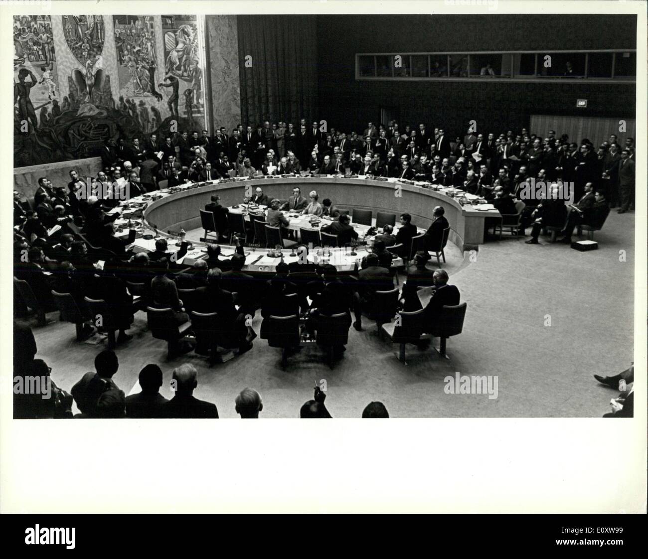 Nov. 22, 1967 - Security Council adopts resolution on Middle East. United Nations, New York. 22 November 1967 ? The Security Council today unanimously adopted a resolution affirming that the establishment of a just and lasting peace in the Middle East should include the application of the following principles: (1) Withdrawal of Israeli armed forces from territories occupied in the recent conflict; and (2) Termination of all claims or states of belligerency and respect for an acknowledgment of the sovereignty, territorial integrity and political independence of every state in the area and Stock Photo