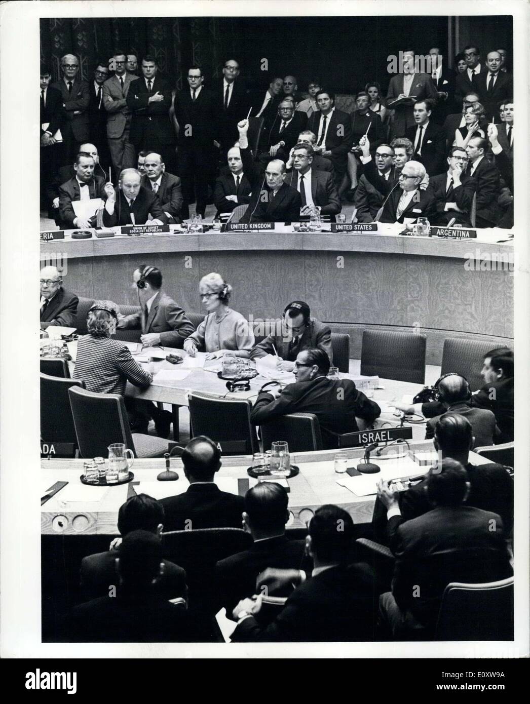 Nov. 22, 1967 - Security Council Adopts Resolution On Middle East: The Security Council today unanimously adopted a resolution affirming that the establishment of a must and lasting peace in the Middle East should include the application of the following principles: (1) Withdrawal of Israeli armed forces from terrorists occupied in the recent conflict; and (2) Termination of all claims or states of belligerency and respect for and acknowledgment of the sovereigntyy, territorial integrity and political independence of every State in the area and their right to live in peace within secure and Stock Photo