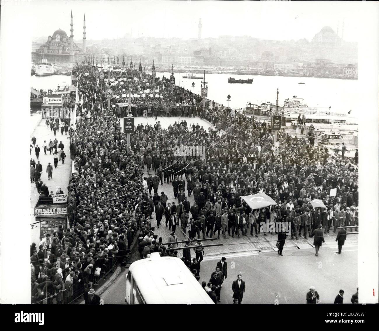 Nov. 25, 1967 - Mass Demonstration in Istanbul calling for war with Greece over Cyprus: Fifteen thousand Turks demonstrated through the streets of Istanbul this week calling for war with Greece over Cyprus. During the march some students went to the Greek Counsulate and hanged a declaration of war on the door which read ''Filthy Greek youth, you are bound to be a servant, You have been servants for Horses for centuries, and you will do that again, '' signed Turkish Youth. Photo shows A general view of some of the Fifteen thousand people who took part in the demonstration in Istanbul. Stock Photo