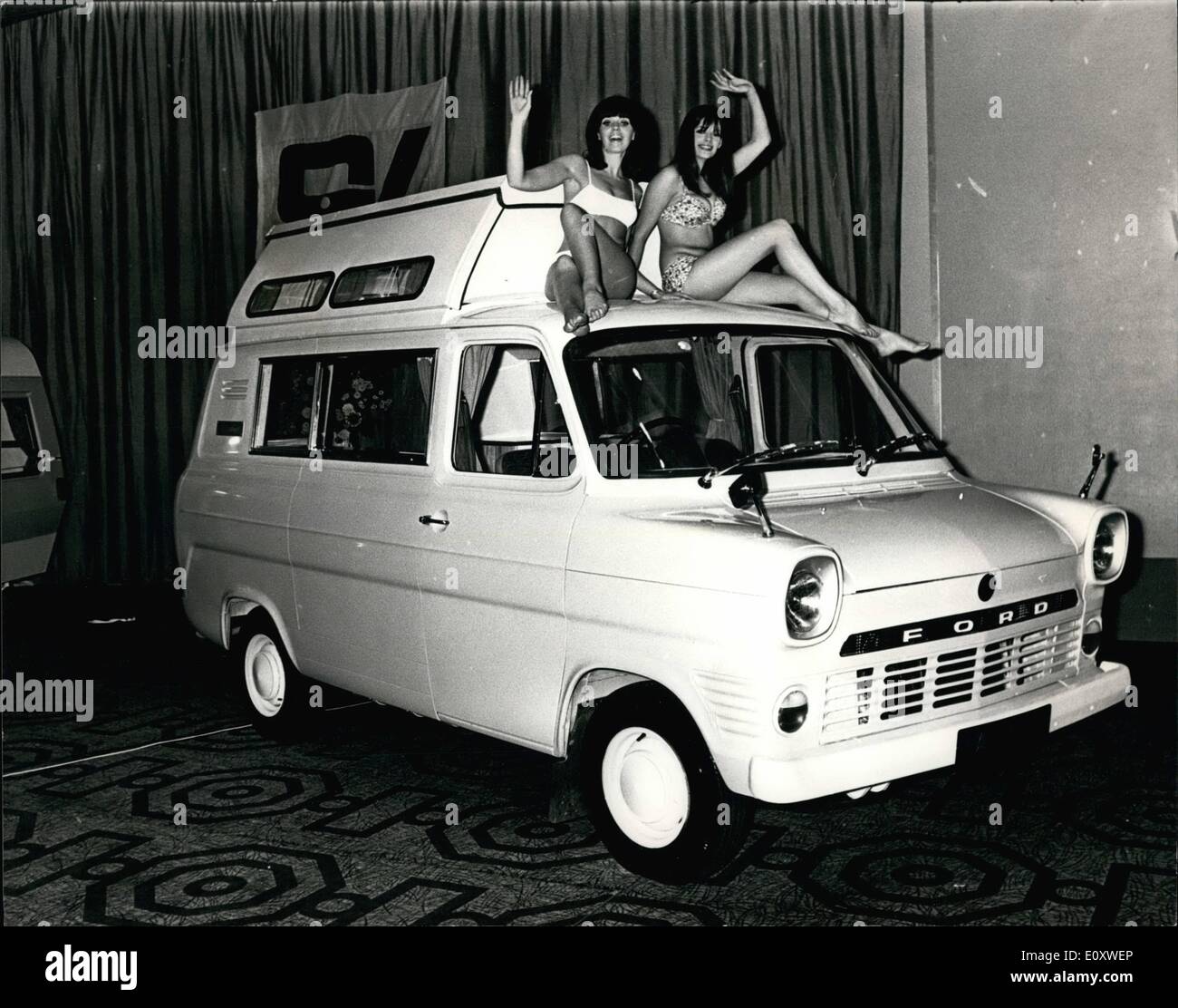 Oct. 09, 1967 - 9-10-67 New motorized and trailer ranges on show. Caravans International in association with the Ford Motor Company, today showed the new models in their 1968 motorized and trailer ranges, at the Europa Hotel in London. Keystone Photo Shows: Models Pauline Cunningham (left) and Gail Allen, with the new Sprite Wayfarer, the second of the Caravans International (Motorized) vans to be developed jointly in co-operation with the Ford Motor Company Stock Photo