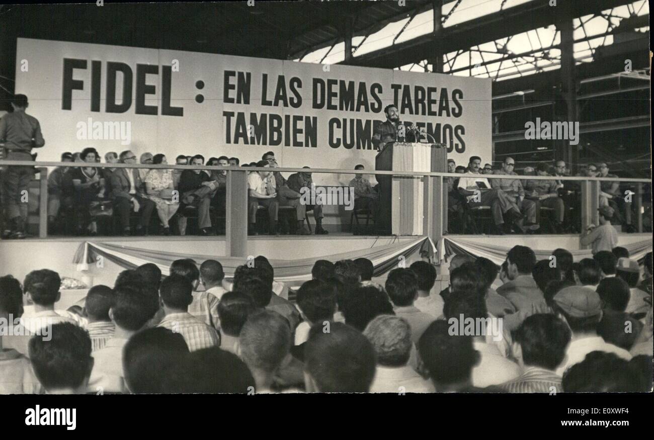 Oct. 10, 1967 - Congratulatory Event in Honor of Metallurgic Workers : Major Fidel Castro, Prime minister of the Cuban Government and first Secretary of the Communist Party of Cuba Central Committee, addressed the metallurgic workers, during a congratulatory event held in their honor, for having built 800 heavy harrows, in the unbelievable short period of twenty - three days. The Cuban Prime Minister said among other concepts, ''this extraordinary effort was only possible because of two things : ''The revolutionary spirit of our metallurgic workers and by the methods employed'' Stock Photo