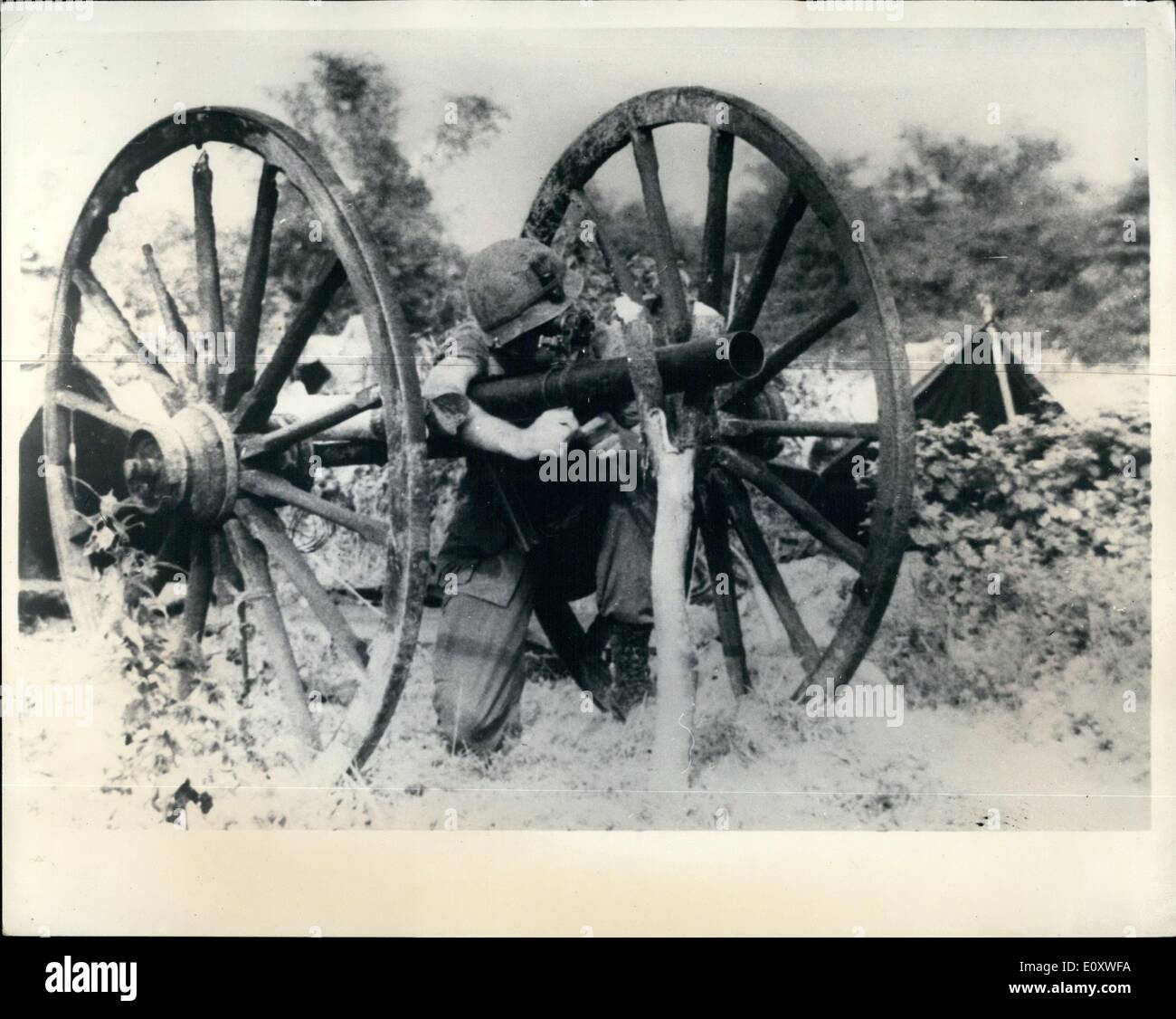 Oct. 10, 1967 - THE WAR IN VIETNAM. READY TO FIRE. Looking like a Civil cannon, this is actually a 90mm recoilless rifle mounted in a captured Viet Cong oxcart frame. Men of the U.S. 27th Infantry ''Wolfhounds'' say it might look old, but it has up-to-date effects on the Viet Cong near Cu Chi, Vietnam. Stock Photo