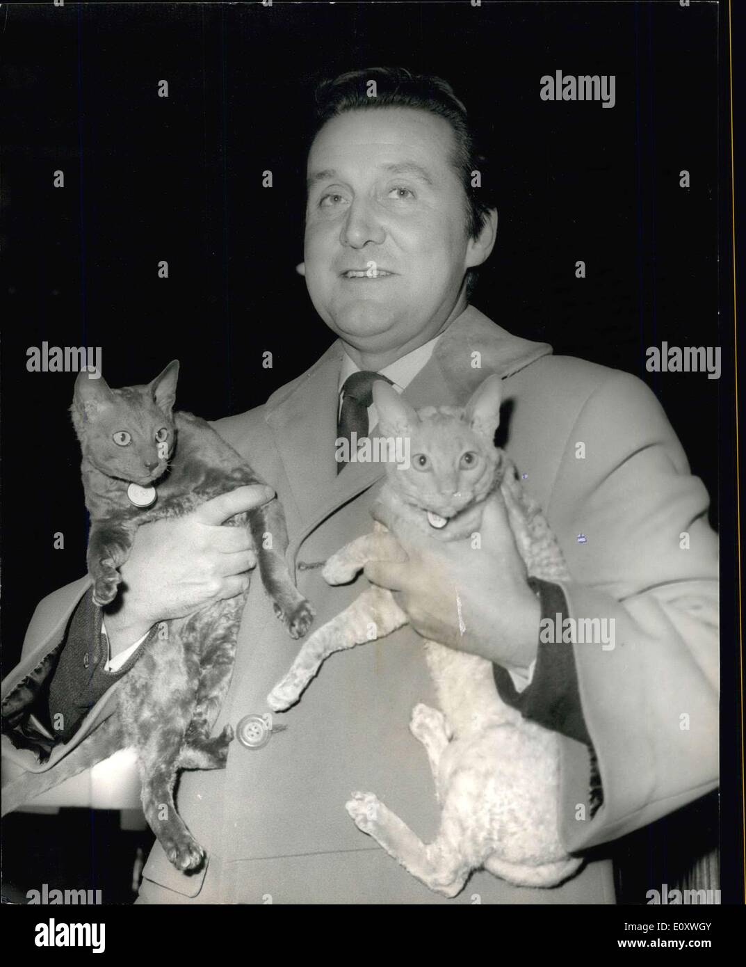 Dec. 16, 1967 - The National Cat Club Show At Olympia: Photo Shows Actor Patrick Macnee,. of the well known TV series ''The Avengers'', pictured his two cats. ''Mickleton Sailor'' (left) and ''Mickleton Cornish Wafer'', which ahs entered at the show today. Stock Photo