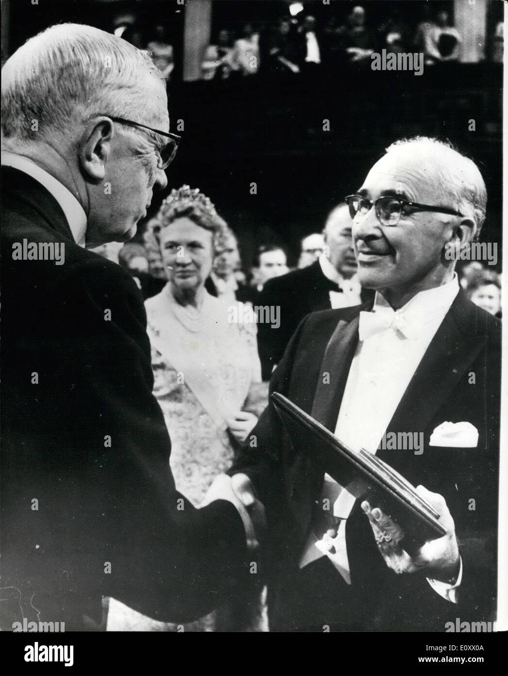 Dec. 12, 1967 - Noble Prize Award In Stockholm: At a ceremony in the Concert Hall, Stockholm on Sunday (Dec 10), King Gustav Adolf of Sweden presented this year's Nobel Prizes. The ceremony was held on the 71st. anniversary of the death of Alfred Nobel, the inventor and industrialist. Phot Shows Prof. George Wald. (U.S.A.), joint winner of the prize for medicine, receiving the prize from King Gustav Adolf of Sweden. Stock Photo