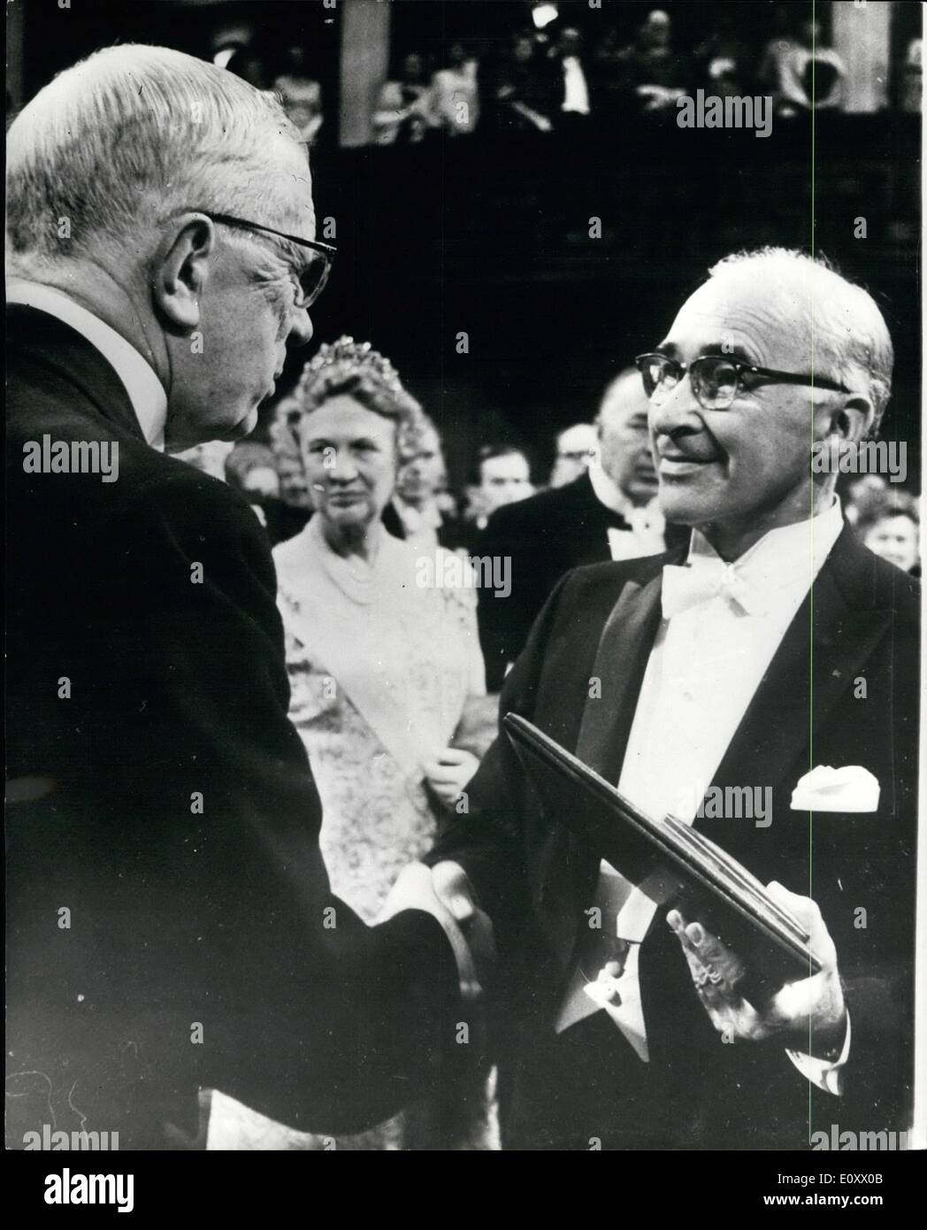 Dec. 12, 1967 - Nobel Prize Awards In Stockholm: At a ceremony in the Concert Hall, Stockholm on Sunday (Dec 10), King Gustav Adolf of Sweden presented this year's Nobel Prizes. The ceremony was held on the 71st. anniversary of the death of Alfred Nobel, the inventor and industrialist. Photo Shows: Prof. George Wald (U.S.A.), joint winner of the prize for medicine, receiving the prize form King Gustav Adolf of Sweden. Stock Photo