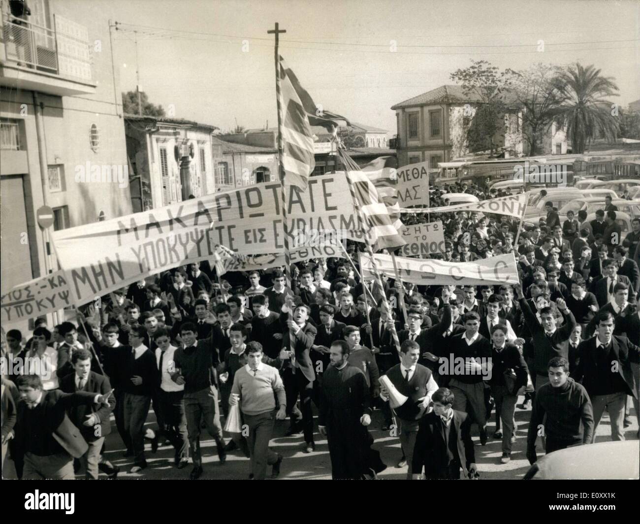 Dec. 12, 1967 - Last Friday, while the first Greek soldiers left the island of Cyprus, students in Nicosie went on strike and organized a protest. They circulated through the town brandishing slogans in favor of Mr. Makarios, General Grivas, and the Greek Army. Val d'Oi Stock Photo