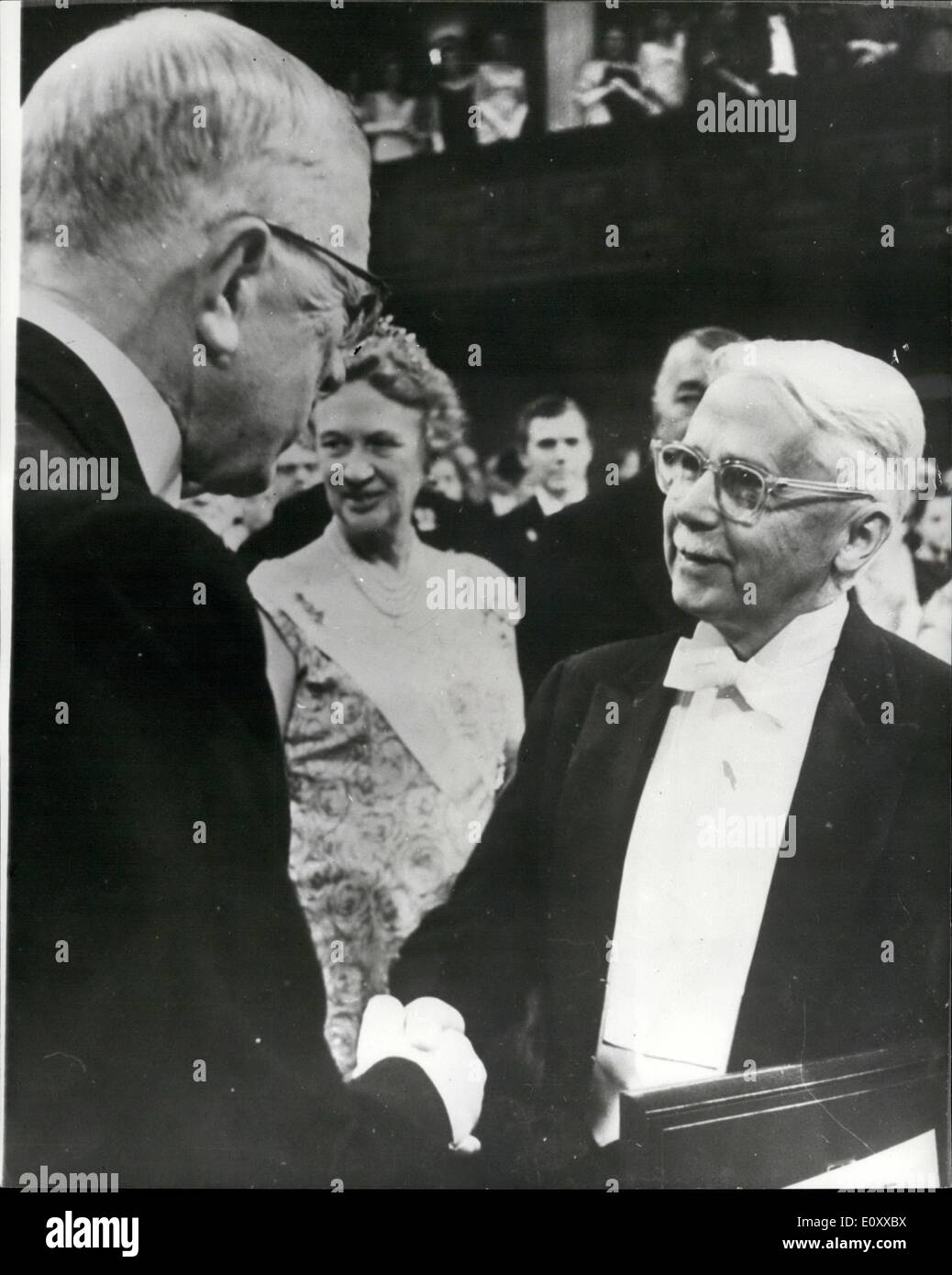 Dec. 12, 1967 - Nobel prize award in Stockholm.: AT a ceremony in the Concert Hall,Stockholm on Sunday (Dec 10), King Gustav Adolf of Sweden presented this year's Nobel prizes. The ceremony was held on the 71st. anniversary of the death of Alfred Nobel, the inventor and industrialist. Photo shows joint winner of the prize for medicine, Prof. Haldan K. Hartline (U.S.A.), receiving the a war from King Gustav Adolf of Sweden. Stock Photo