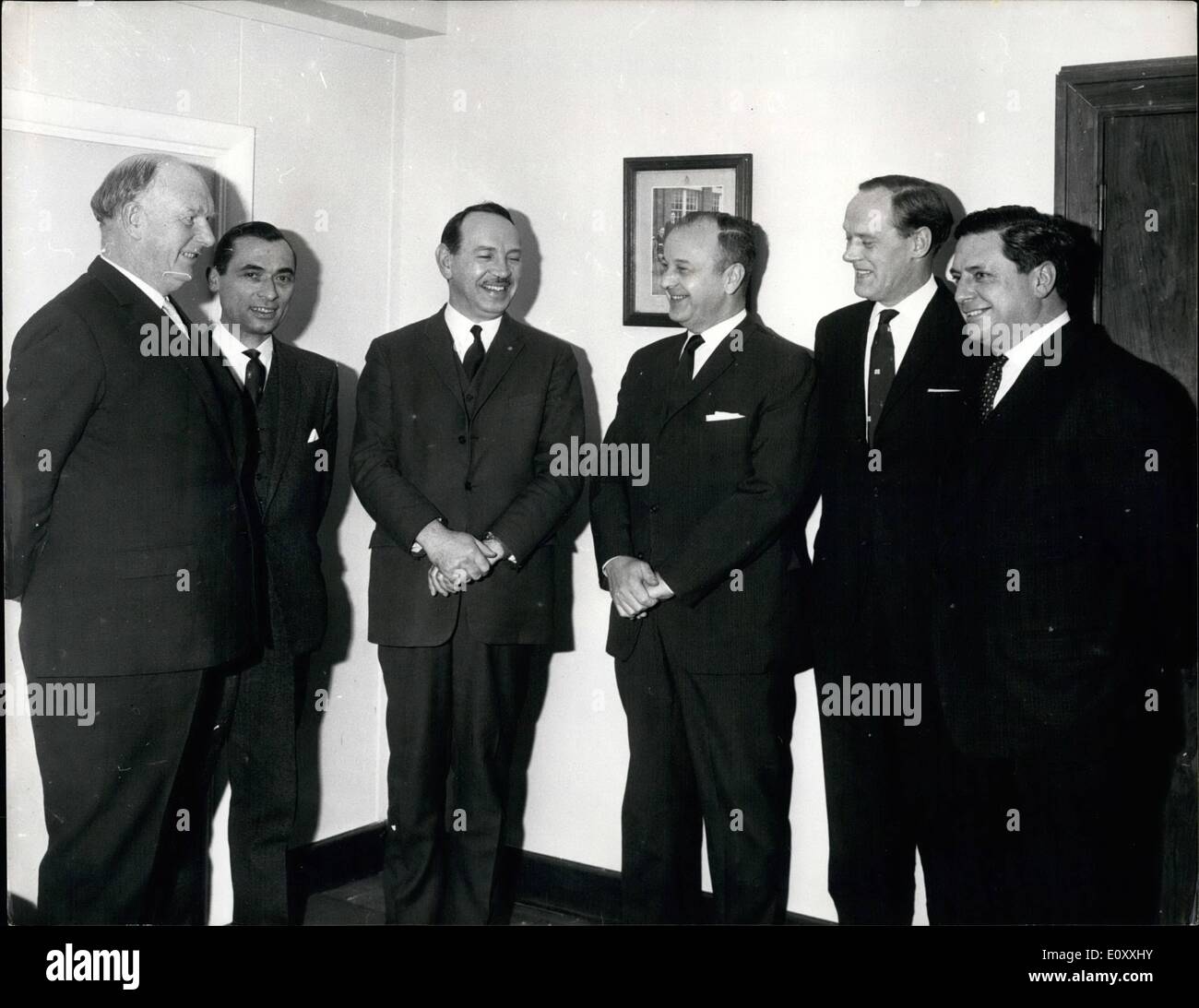 Jan. 01, 1968 - Discussing U.S. Visit: At Horseferry Hanues in London, Sir Eric St. Johnston, H.M. Chief Inspector of Constabulary, and Mr. John Minnich, Legal Attache at the U.S. Embassy, discussed with deputy Chief Constable H.J. Phillips (Hampshire), Assistant Chief Constable P.D. Knights (Birmingham), Deputy Chief Constable R. Gregory (Devon and Cornwall) and Det. Chief Inspector R.C. Stevenson (Metropolitan), arrangements for their forthcoming visits to the United states financed by a grant of 2,000 by the Ford (Dagenham) Trust Stock Photo