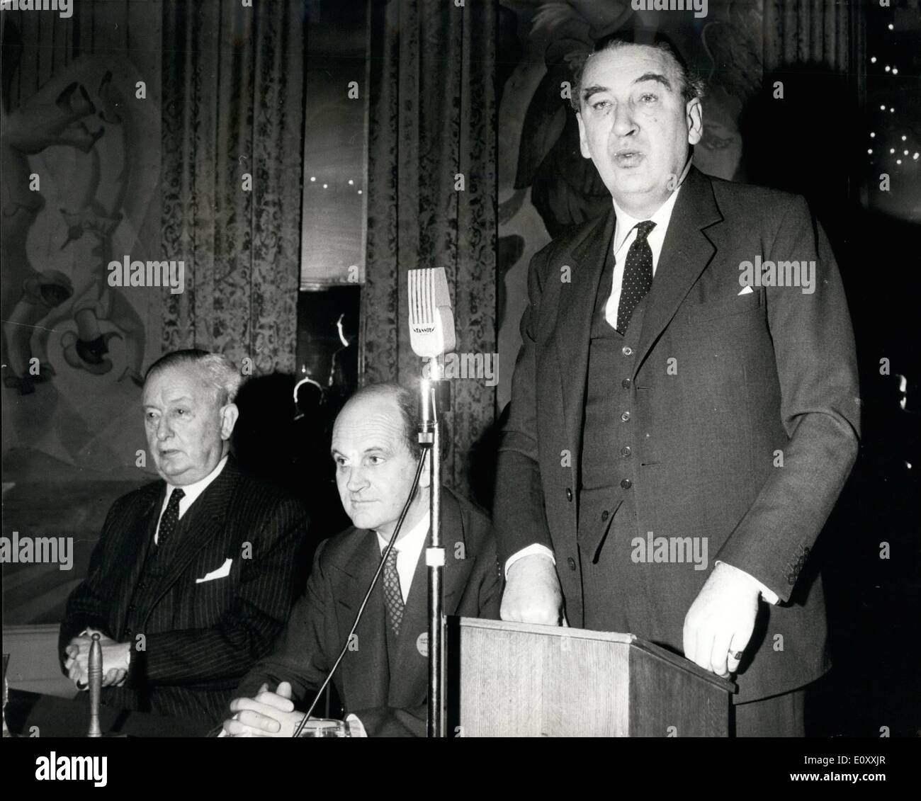 Jan. 01, 1968 - Sterling - European Monetary Co-Operation and World Monetary Reform Conference Sterling - European Monetary Co-Operation and world Monetary Reform - was opened today at the Cafe Royal, W.L., by the Earl of Cromer, M.B.E Photo shows the Earl of cromer making his opening speech today. Looking on are (left), Pierre Dieterlen, Director of Research, Center National de la Recherche Scientific, Paris, and (center) is the conference chairman, B.D. Barton, F.C. Chairman, Executive Committee Federal Trust. Stock Photo