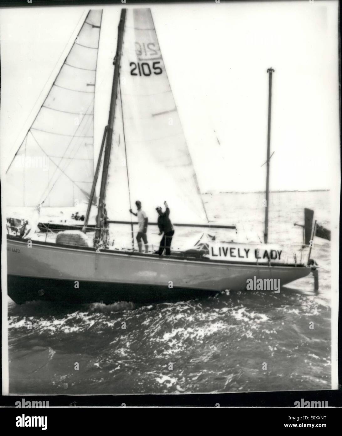 Jan. 01, 1968 - Alec Rose leaves Australia on the second half of his voyage around the world in ''Lively Lady'': 60-year Old Alec Rose, a Portsmouth greengrocer, and the lone yachtsman who sailed his 32-feet ketch ''Lively Lady'' from Portsmouth to Melbourne, Australia, last December, set out today on his return voyage back to Portsmouth, England. It will be the same journey, by way of Cape Horn, that sir Francis Chichester completed last year Stock Photo