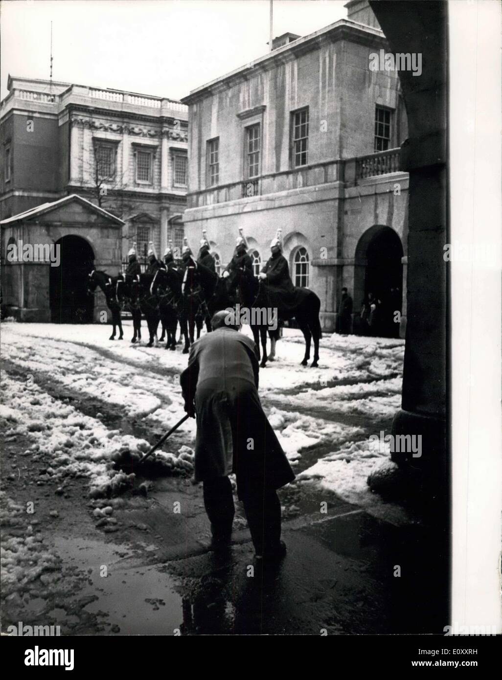 Jan. 09, 1968 - Snow Scenes in London. hoto Shows: Guard changing takes place at Horse Guards Parade this morning, as Stock Photo