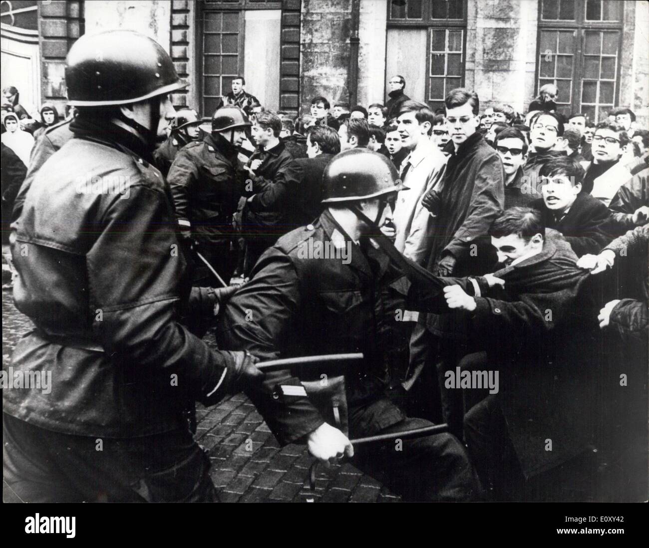 Jan. 22, 1968 - Students riot at Louvain ? Flemmish and French speaking Belgians are again at each other?s throats. Flemmish students at the ancient Catholic university of Louvain take violent exception to the introduction of French into some of the faculties. Louvain, they claim, is Flemmish soil; and the university therefore must be maintained as a Flemmish preserve. French speaking students and staff should emigrate to Wallonie. Police and clergy (behind the scenes) have yet to find a solution to this new twist of the age-old feud Stock Photo