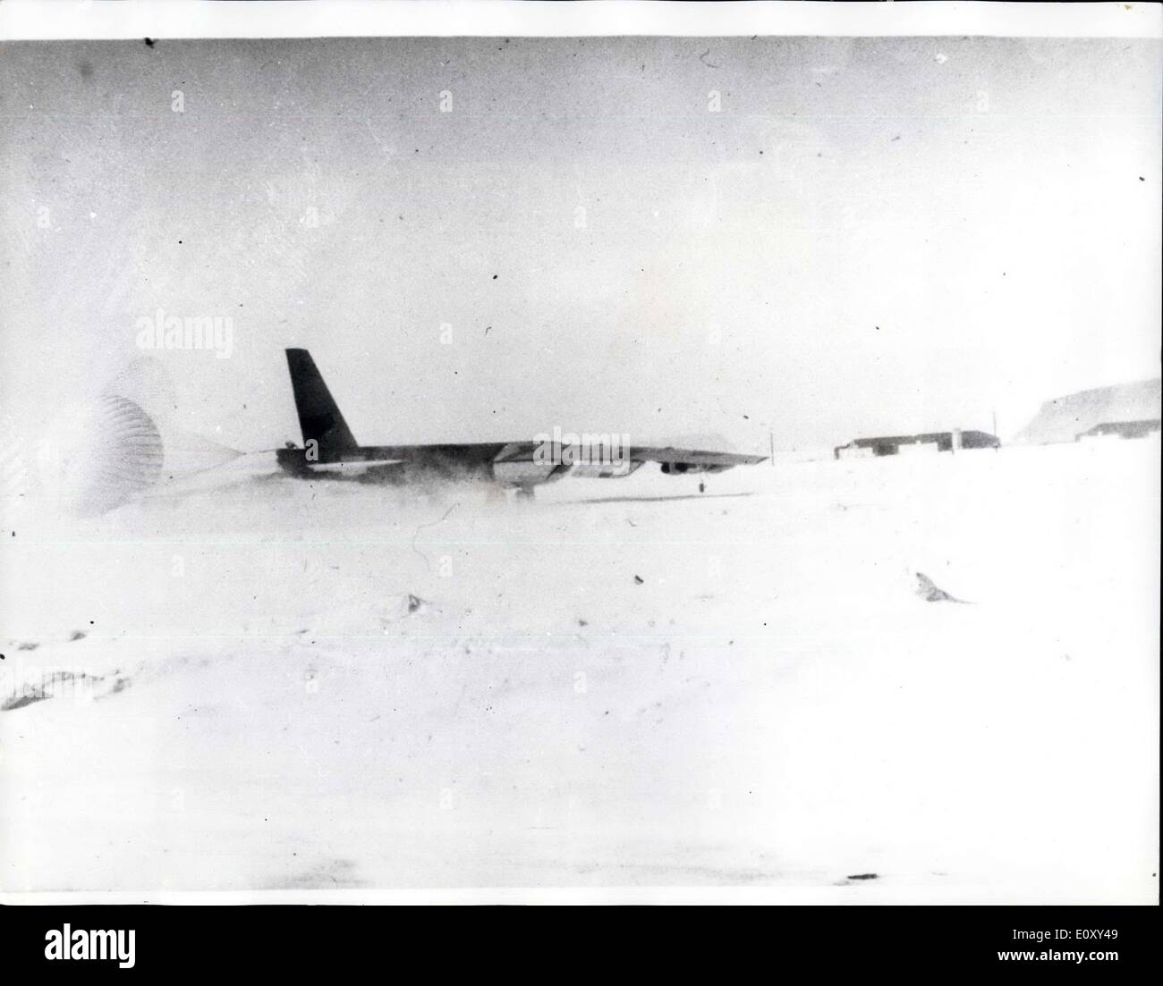 Jan. 23, 1968 - Search for H-Bombs after American Bomber crashed in Greenland: A search is being carried out by American Air Force teams for four hydrogen bombs aboard a U.S bomber which crashed into ice-covered sea when attenpting an emergency landing. The plane, a B-52 bomber, crashed yesterday in Greenland's North Star Bay-seven miles from the American Air Force base at Thule. A statement said the B-52 bomber's nuclear weapons were unarmed ad there was no danger of a nuclear explosion Stock Photo