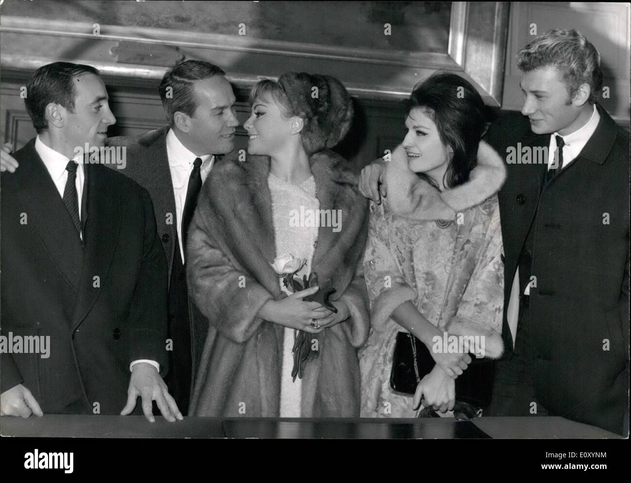 Apr. 04, 1968 - Cinemactress Gisele Sandre marries public relations man Richard Balducci: Ex Ski-Champion Gisele Sandre who became actress in picture called :Les Jeunes filles De Bonne Familles'' married today Richard Balducci who was public-relation man for the film. Singers Charles Aznavour, Dalida and Johnny Halliday assisted civil wedding. Photo Shows L to R: Charles Aznavour, Mr. & Mrs. Balducci, Dalida and Johnny Halliday. Stock Photo