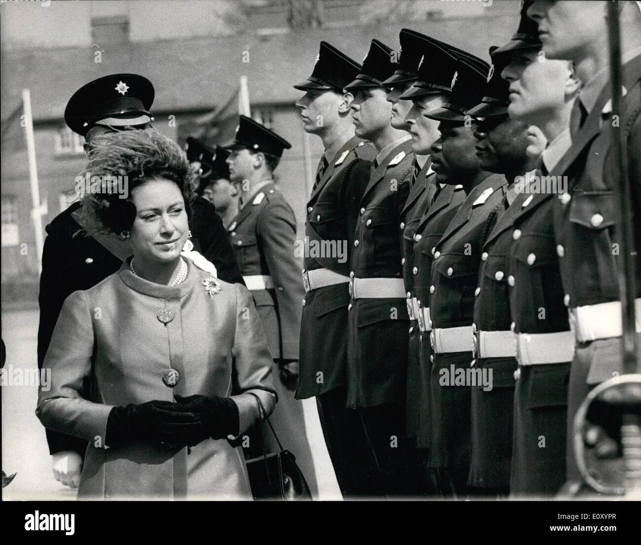 Apr. 04, 1968 - Princess Margaret at Commissioning parade at Mons officer cadet school at Aldershot: Princess Margaret today inspected the parade and took the salute at the Commissioning Parade at Mons Officer Cadet School at Aldershot. Her Royal Highness also presented the silver mounted officers came to the best cadet. Photo shows Princess Margaret inspecting the parade of cadets at Aldershot today. Stock Photo