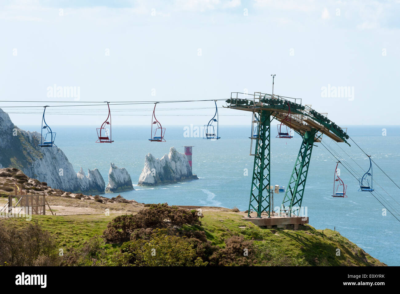 The chairlift at the needles park alum bay showing the white chalk