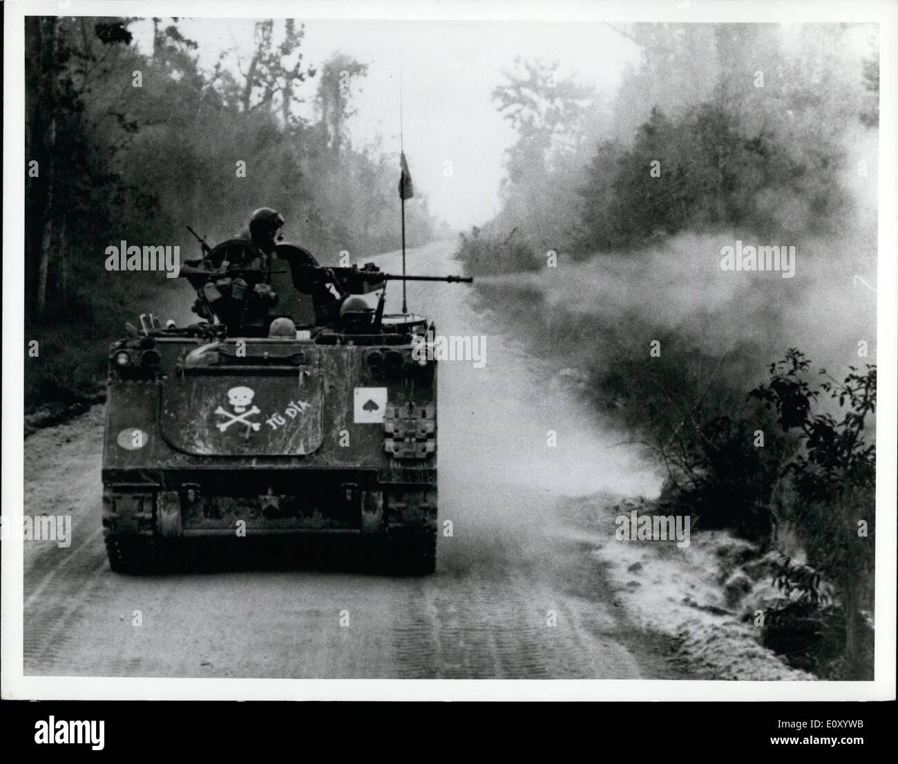 Feb. 02, 1968 - Reconnaissance by Fire.. An armored personnel carrier fires its 50 cal. machine gun into the wooded area along the road from Tay Ninh to Katum. The 1st Battalion (Mechanized), 5h Infantry clears and secures the road each morning. Official U.S. Army photo released by the department of Defense Washington, D.C. Previously released by the U.S. Military Assistance command, Vietnam. Stock Photo