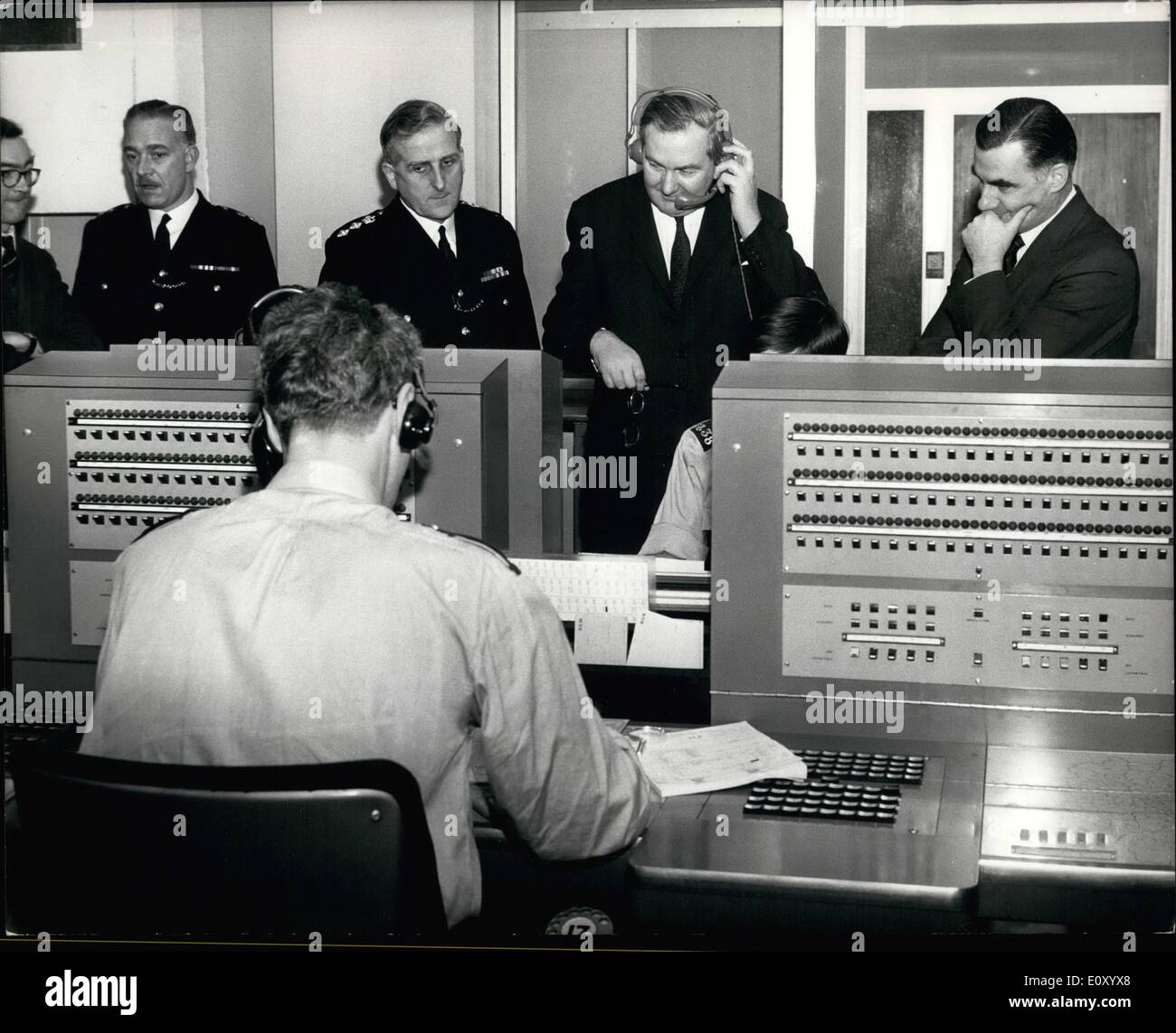 Feb. 02, 1968 - New Home Secretary at the Yard. London: New Home Secretary James Callaghan listens in on earphones in the information room at New Scotland Yard during his tour of the London police headquarters today. Stock Photo