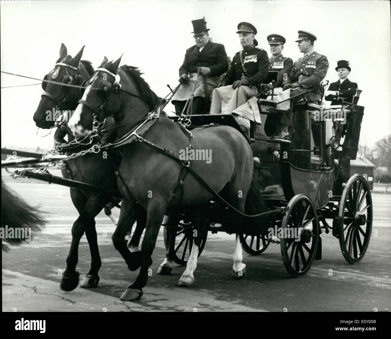 Feb. 02, 1968 - Commandant Leaves By Coach And Four. Parade To Mark Retirement Of Brig. L.J. Aspland: When Brigadier Lindsey Aspland, commandant of the Royal Corps of Transport Training Centre, retired today, he was driven away from the barracks by the regimental coach and four, escorted by thirty mounted soldiers. A parade in honour of the Brigadier was held on the main parade ground at the Royal Corps of Transport Training Centre, Queen Elizabeth Barracks, Crookham, near Aldershot Stock Photo