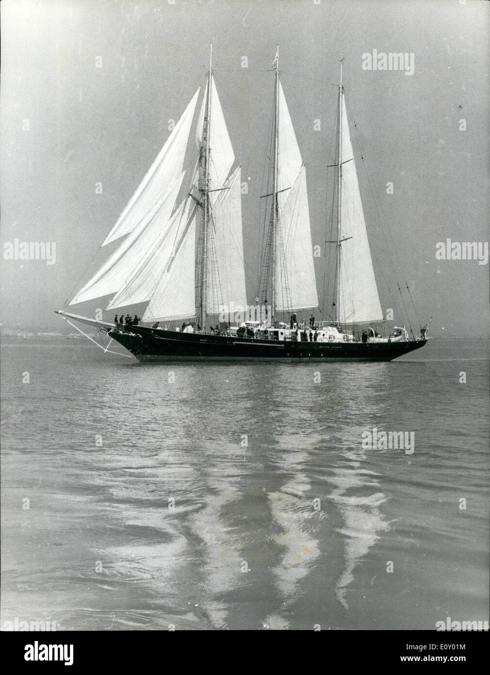 Apr. 04, 1968 - S.T.A. Schooners Sail Together For First Time: ''Sir Winston Churchill'' and ''Malcolm Miller'' the Sail Training Association's twin 300-ton topsail met in the Thames Estuary today before proceeding up-river 11 days. The schooners were under sail off Southend this morning, and continured under sail on their journey up-river to Gravesend, where they will moor for the night, The schooners leave Graveend tomorrow, and are expected to arrive at Tower Pier in mid-afternoon Stock Photo