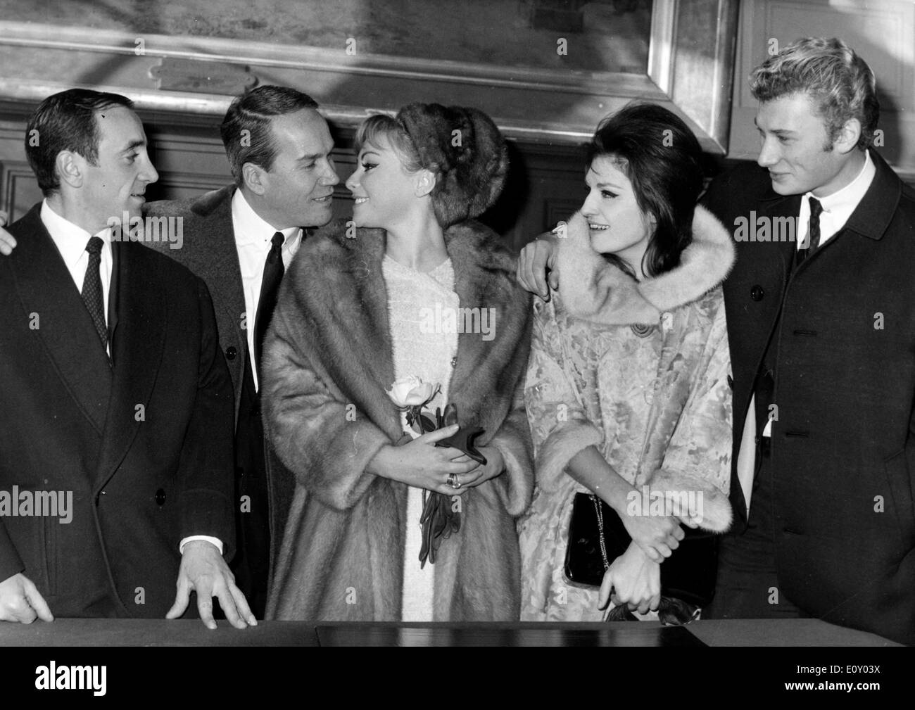 Apr 15, 1968; Paris, France; Ex Ski-Champion GISELE SANDRE, who became actress in picture called 'Les jeunes filles de bonnes families' married today RICHARD BALDUCCI who was Publlic Relation man for the film. Singers CHARLES AZNAVOUR (L), DALIDA (2nd R) and JOHNNY HALLIDAY (R) assisted the civil wedding. Stock Photo