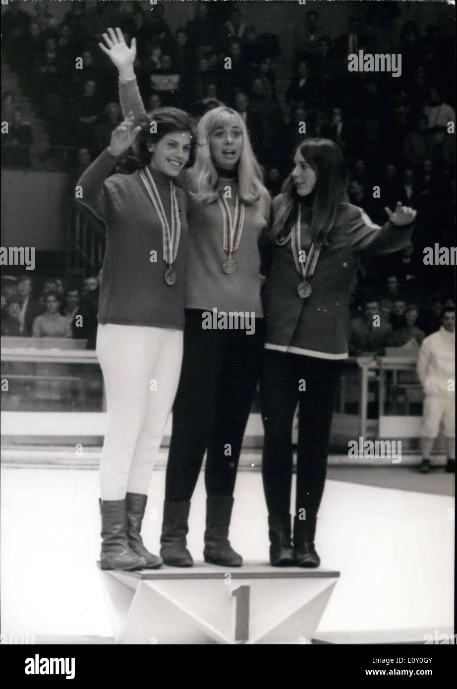 Feb. 12, 1968 - Titova is from USSR. Geijssen is from Holland. Holum is from USA. Stock Photo