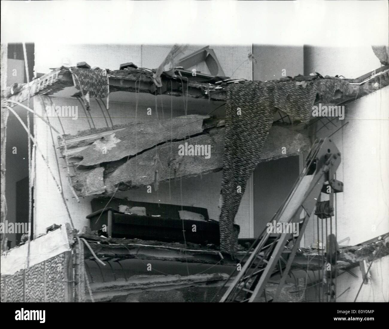 May 05, 1968 - Partial Collapse of Block of Flats. There is to be an immediate full-scale inquiry into the collapse of a wing of a new 22-storey block of flats in Canning Town, East London, in which three people lost their lives and 80 families made temporarily homeless. Photo Shows:- Furniture still standing in one of the wrecked flats - after yesterday's collapse. Stock Photo