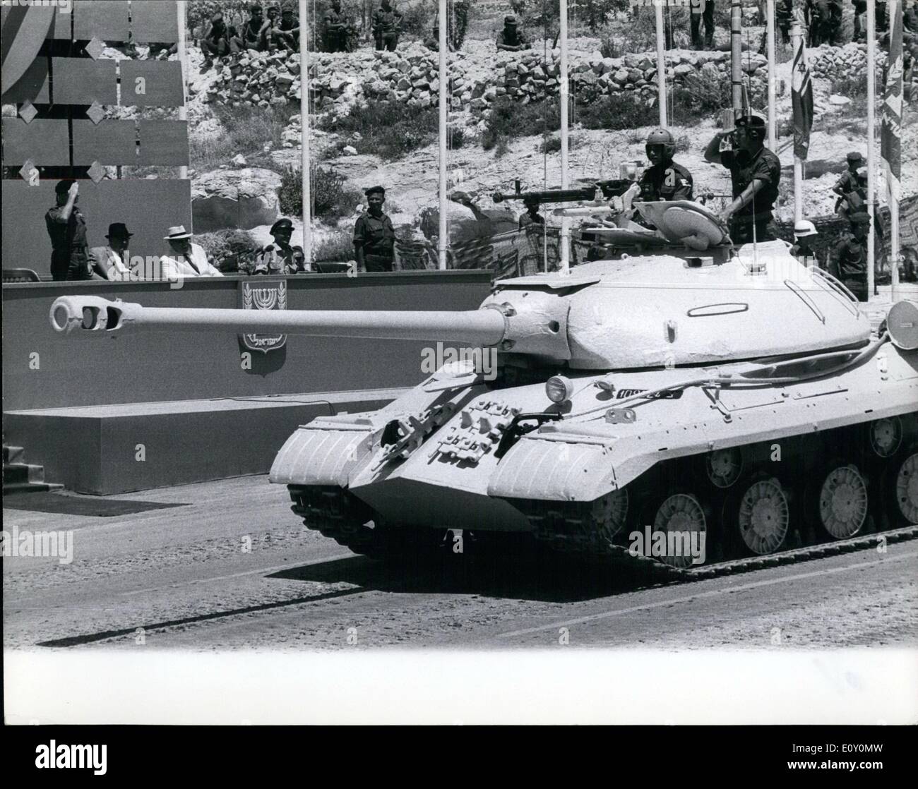 May 05, 1968 - Israel celebrates 20th Anniversary of Its Independence With A Military Parade Israel celebrated its 20 years of independence with a big military parade through the streets of Jerusalem. Photo Shows:- An anti-aircraft missile S.A. 2 which was captured during the six day war with the UAR seen on parade in Jerusalem today. Stock Photo